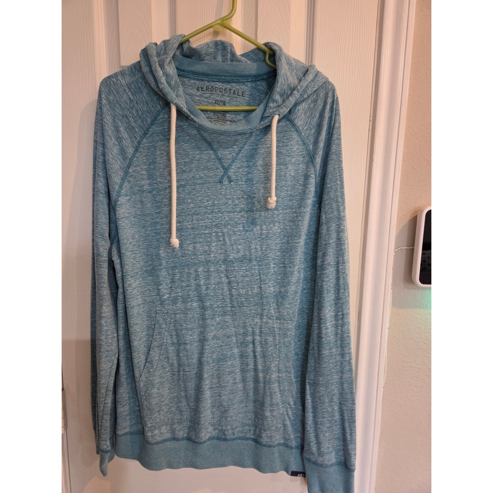 Aeropostale Mens XL Hoodie Teal Blue Space Dye Pullover A87 Raglan Sweatshirt